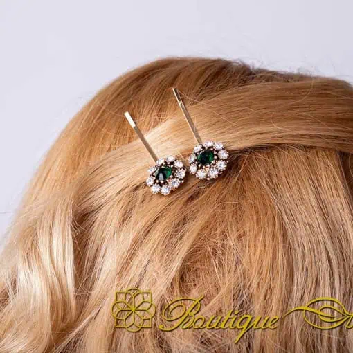 Round Green & White Zircon Detailed Gold Plated Side Hair Clip