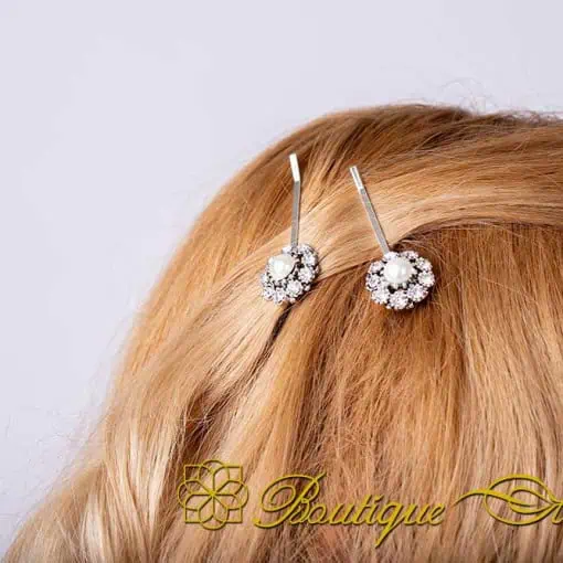 Round Pearl & White Zircon Detailed Silver Side Hair Clip
