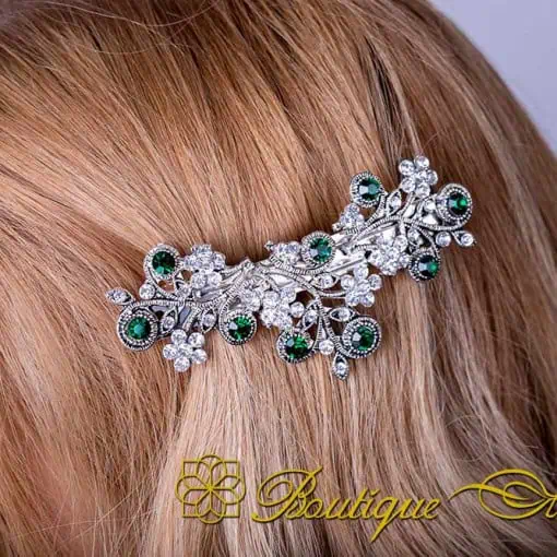 Green & White Zircon Detailed Silver Hair Clip No:1