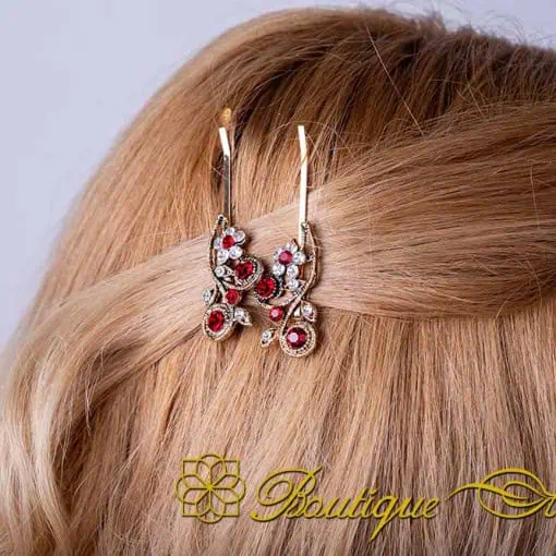 Flower Red & White Zircon Detailed Gold Plated Side Hair Clip