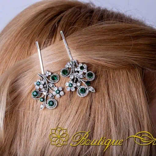 Flower Green & White Zircon Detailed Silver Side Hair Clip