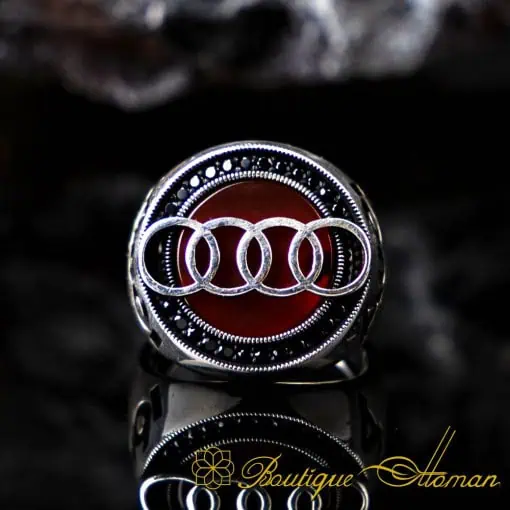 Car Logo Red Aqeeq Zircon Detailed Ring for Audi Owners No:4
