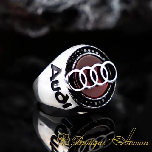 Car Logo Red Aqeeq Zircon Detailed Ring for Audi Owners No:4