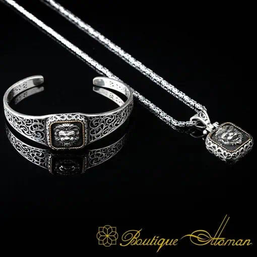 Lion Head Square Bracelet & Pendant Set