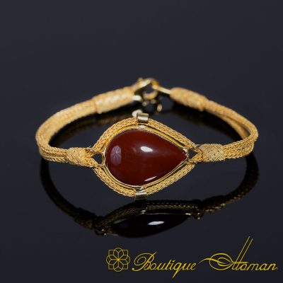 Red Yemeni Aqeeq Kazaz Hand Knitted Bracelet (Gold Plated)