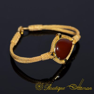 Red Yemeni Aqeeq Kazaz Hand Knitted Bracelet (Gold Plated)