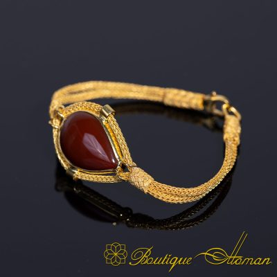 Red Yemeni Aqeeq Kazaz Hand Knitted Bracelet (Gold Plated)