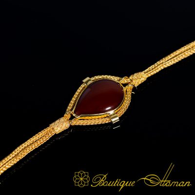 Red Yemeni Aqeeq Kazaz Hand Knitted Bracelet (Gold Plated)