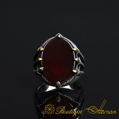 Red Aqeeq Claw Sides Silver Ring