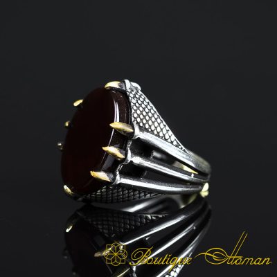 Red Aqeeq Claw Sides Silver Ring