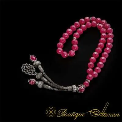 Ruby Stone Prayer Beads With Silver Kazaz Imame