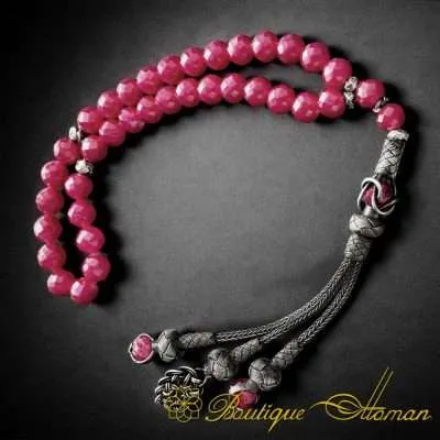 Ruby Stone Prayer Beads With Silver Kazaz Imame