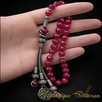 Ruby Stone Prayer Beads With Silver Kazaz Imame