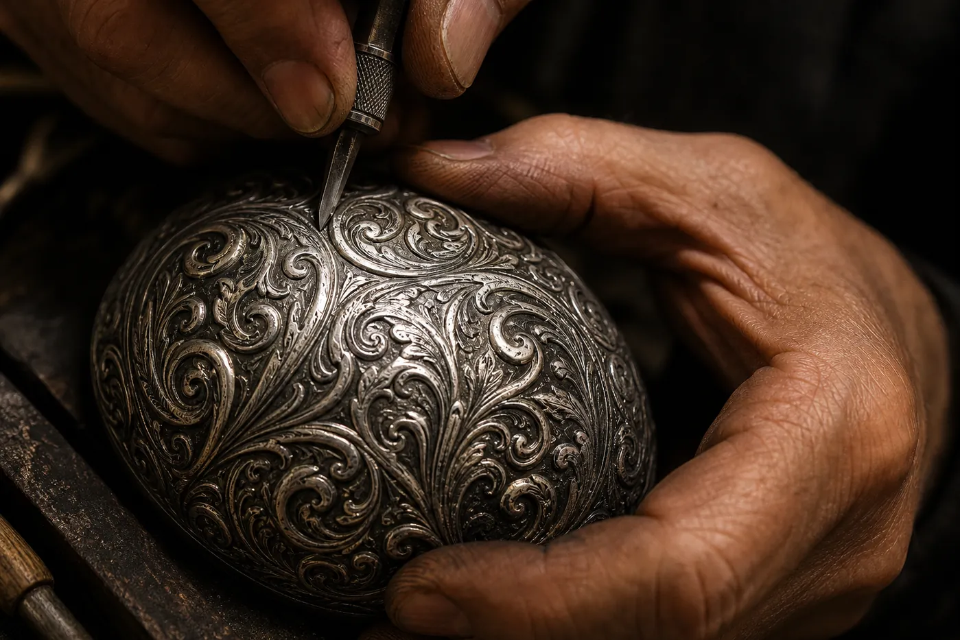 Istanbul artisan engraving an ornate silver object by hand
